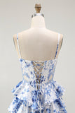 Branco Azul Espartilho Floral Uma Linha Tiered Prom Dress