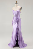Roxo Sereia Espartilho Ruched LongosVestido De Baile com Fenda