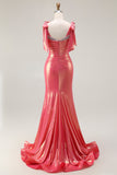 Coral metálico frisado sereia Ruched longo vestido de baile com fenda