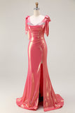 Coral metálico frisado sereia Ruched longo vestido de baile com fenda