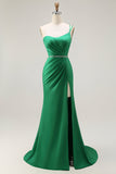 verde escuro um ombro sereia frisado longo vestido de baile com fenda