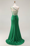 verde escuro um ombro sereia frisado longo vestido de baile com fenda