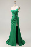 verde escuro um ombro sereia frisado longo vestido de baile com fenda