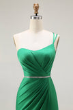 verde escuro um ombro sereia frisado longo vestido de baile com fenda