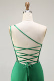 verde escuro um ombro sereia frisado longo vestido de baile com fenda
