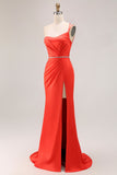verde escuro um ombro sereia frisado longo vestido de baile com fenda