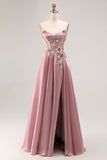 Querida Uma Linha Appliqued Grey Pink Long Prom Dress With Slit