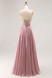 Querida Uma Linha Appliqued Grey Pink Long Prom Dress With Slit