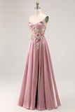 Querida Uma Linha Appliqued Grey Pink Long Prom Dress With Slit