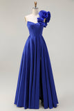 Royal Blue One Shoulder Corset Uma linha de cetim longo vestido de baile com fenda