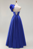Royal Blue One Shoulder Corset Uma linha de cetim longo vestido de baile com fenda