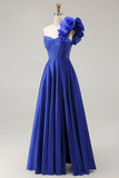 Royal Blue One Shoulder Corset Uma linha de cetim longo vestido de baile com fenda