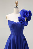 Royal Blue One Shoulder Corset Uma linha de cetim longo vestido de baile com fenda