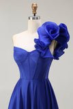 Royal Blue One Shoulder Corset Uma linha de cetim longo vestido de baile com fenda