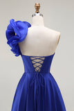 Royal Blue One Shoulder Corset Uma linha de cetim longo vestido de baile com fenda