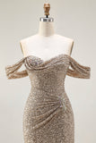 Vestido de Baile com Ombro a Ombro em Champanhe Brilhante e Lantejoulas