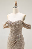 Vestido de Baile com Ombro a Ombro em Champanhe Brilhante e Lantejoulas