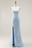 Sereia Azul Esparguete Correias Corset Renda Frisado Longo Vestido de Baile com Fenda