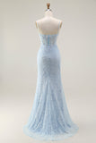 Sereia Azul Esparguete Correias Corset Renda Frisado Longo Vestido de Baile com Fenda