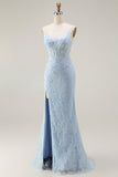 Sereia Azul Esparguete Correias Corset Renda Frisado Longo Vestido de Baile com Fenda