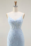 Sereia Azul Esparguete Correias Corset Renda Frisado Longo Vestido de Baile com Fenda