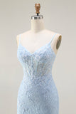 Sereia Azul Esparguete Correias Corset Renda Frisado Longo Vestido de Baile com Fenda