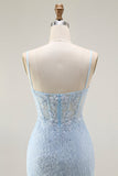 Sereia Azul Esparguete Correias Corset Renda Frisado Longo Vestido de Baile com Fenda