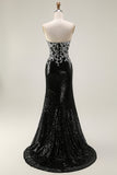 Vestido de Baile Longo Preto Brilhante Sem Alças e com Lantejoulas