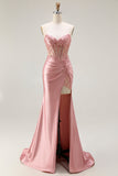 Sweetheart Blush Appliqued Corset Sereia frisado longo vestido de baile com fenda