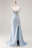 Sereia azul clara Appliqued Corset Long Prom Dress With Slit