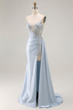 Sereia azul clara Appliqued Corset Long Prom Dress With Slit