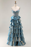 Blue Metallic A-Line Corset Tiered Long Prom Dress com missangas
