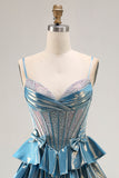 Blue Metallic A-Line Corset Tiered Long Prom Dress com missangas