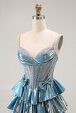Blue Metallic A-Line Corset Tiered Long Prom Dress com missangas