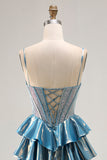 Blue Metallic A-Line Corset Tiered Long Prom Dress com missangas