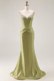 Espartilho de sereia verde frisado vestido longo baile de formatura com renda para trás