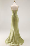 Espartilho de sereia verde frisado vestido longo baile de formatura com renda para trás