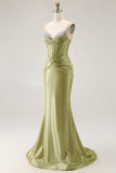 Espartilho de sereia verde frisado vestido longo baile de formatura com renda para trás