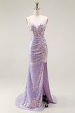 Brilhante Lilás Sereia Corset Sequins Floral Appliqued Long Prom Dress with Slit