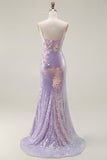 Brilhante Lilás Sereia Corset Sequins Floral Appliqued Long Prom Dress with Slit