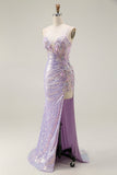 Brilhante Lilás Sereia Corset Sequins Floral Appliqued Long Prom Dress with Slit