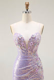 Brilhante Lilás Sereia Corset Sequins Floral Appliqued Long Prom Dress with Slit