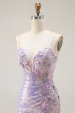 Brilhante Lilás Sereia Corset Sequins Floral Appliqued Long Prom Dress with Slit