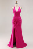Fuchsia Halter Ruched Sereia Vestido Longo Baile de Formatura Com Fenda