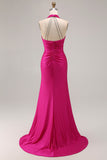 Fuchsia Halter Ruched Sereia Vestido Longo Baile de Formatura Com Fenda