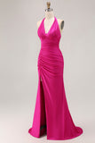 Fuchsia Halter Ruched Sereia Vestido Longo Baile de Formatura Com Fenda