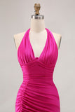 Fuchsia Halter Ruched Sereia Vestido Longo Baile de Formatura Com Fenda