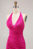 Fuchsia Halter Ruched Sereia Vestido Longo Baile de Formatura Com Fenda