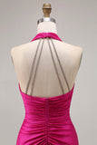 Fuchsia Halter Ruched Sereia Vestido Longo Baile de Formatura Com Fenda