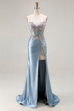 Vestido de Baile de Finalistas Cinzento-Azul-Azul, Espartilho Aplicado, Espartilho Com Missangas e Fenda